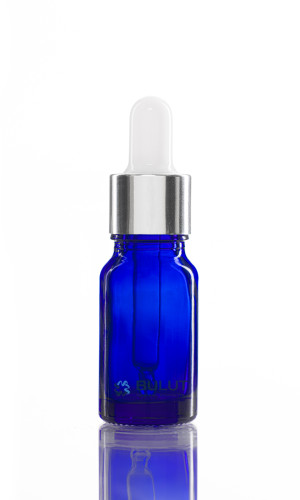 10 CC Boş Mavi Cam Şişe Gümüş Metal Beyaz Damlalıklı Takım