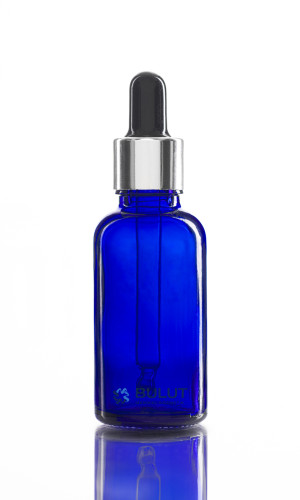 20 ML Mavi Cam Şişe Yağ Şişesi Gümüşe Siyah Damlalıklı Takım