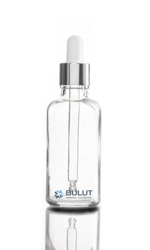 50 CC Boş Şeffaf Cam Şişe Gümüş Metal Beyaz Damlalıklı Takım