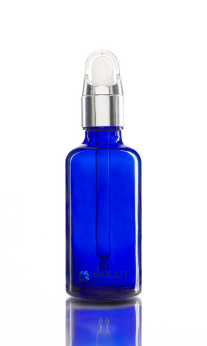 50 CC Mavi Cam Şişe Gümüşe Beyaz Çiçek Cam Damlalıklı Takım