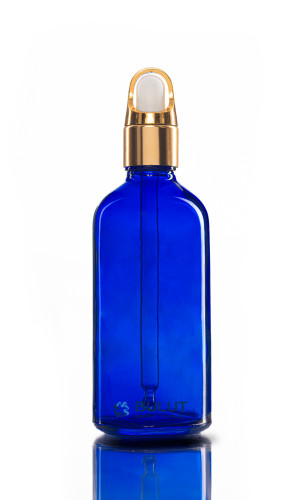 100 ML Mavi Cam Şişe Gold Çiçek Damlalıklı Takım